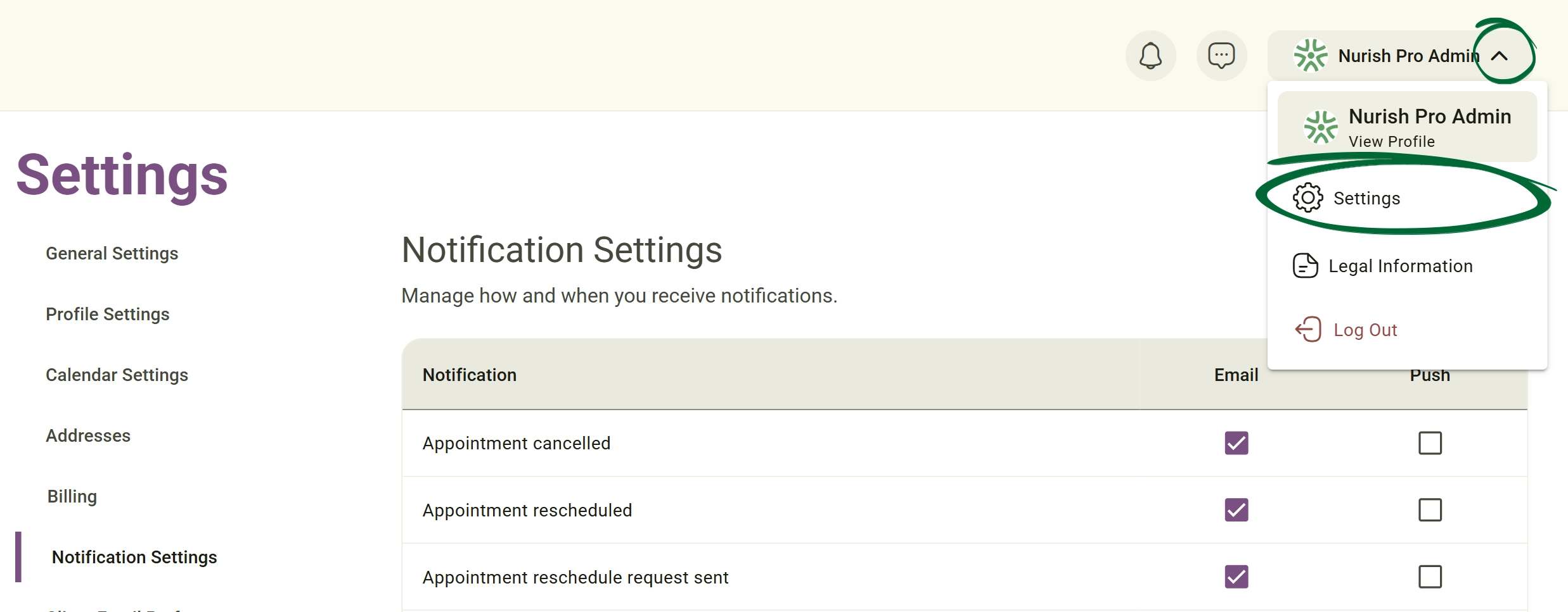 pen Notification Settings Screenshot